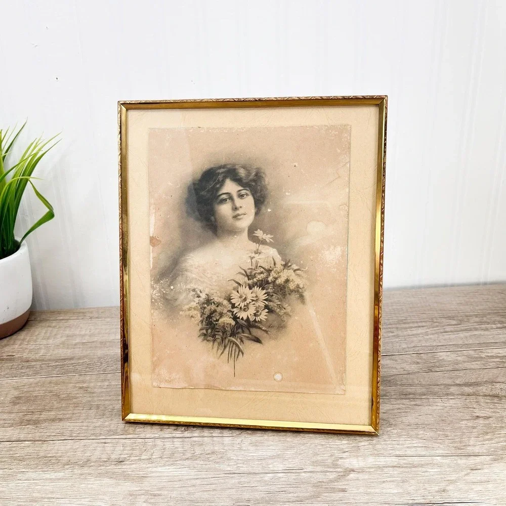Vintage Photograph of a‎ Woman in Brass Frame 8x10